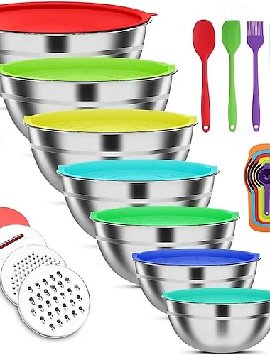  22-osainen ruostumattomasta teräksestä valmistettu salaattikulho, pesukulhosarja, leivonta-mittakuppi, salaattikulho, sekoituskulho