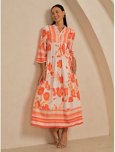  Damen Maxikleid orange Satin lockere Passform 3/4 Ärmel V-Ausschnitt Stehkragen floraler Hawaii-Print elegant Urlaub lässig Alltag Frühling Sommer