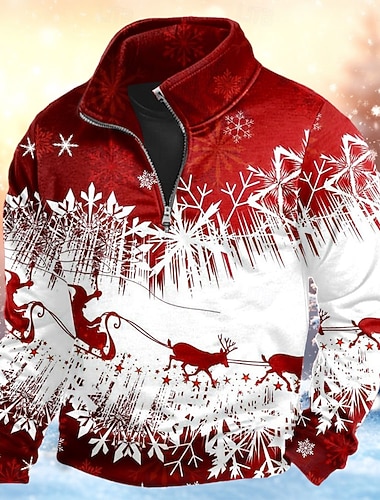  Jul Herre 3D Julescene Genser Sport Mote Fritid Langermet Glidelås Hjem Fest Arbeid Gateklær Rød Blå Lilla Grønn Ta igjen glidelåsen Høst Alle årstider Designer S M L XL XXL XXXL