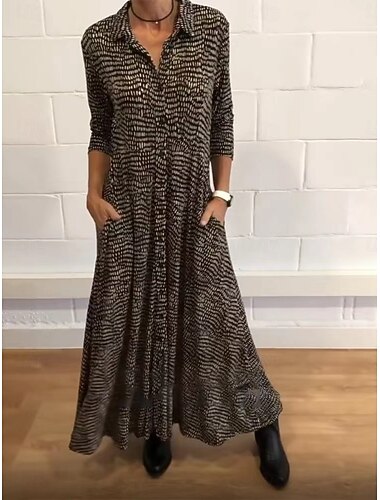  Női Maxiruha A vonalú ruha Alkalmi Napi Laza öltözet Csíkos Hosszú ujj Hajtóka Fekete Rubin Medence Tavasz Ősz