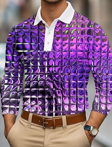  Homme Géométrique Polo manche longue Polos Revers Occasionnel Extérieur Rue Athleisure Tenue quotidienne Impression 3D Boutons Printemps Automne Hiver Bleu Violet Dorée