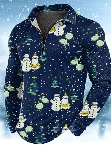  Jul Herre julenissen Snømann Poloskjorter med glidelås Langermet Poloskjorter Knaphul Fritid utendørs Dagligdagstøy Festivalantrekk Festivalklær 3D-utskrift Vår Høst Vinter Blå Lilla Grønn
