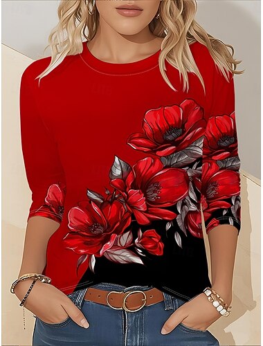  Damen T Shirt Druck Blumen Grafik Pflanzen Vintage Mode Stilvoll Langarm Rundhalsausschnitt Rundhals Normale Oberteile Täglich Wochenende Wein Herbst Winter
