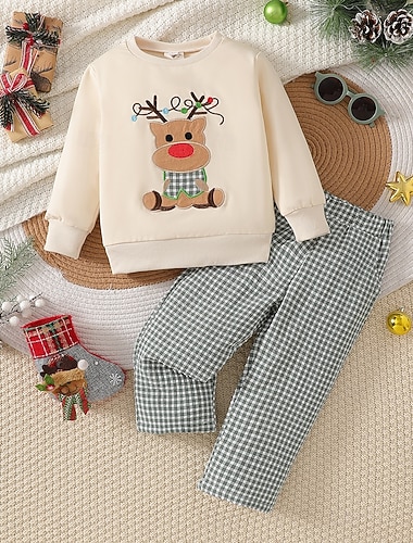 Julset för pojkar med 3D-hjort och mjukisbyxor, långärmat, andra tryck, höst, vinter, mode, avslappnad, småbarn, 4 år+, rund halsringning, utomhus, lös passform   Julset för pojkar med 3D-hjort och mjukisbyxor, långärmat, andra tryck, höst, vinter, mode, avslappnad, småbarn, 4 år+, rund halsringning, utomhus, lös passform