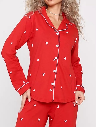  Weihnachts Frauen Pyjama Nachtwäsche Pyjama Set Warm Aktiv Mode Floral Grafik Knopfleiste Hose Zuhause Langarm Revers Weiß Rot Frühjahr Herbst Winter Reguläre Passform