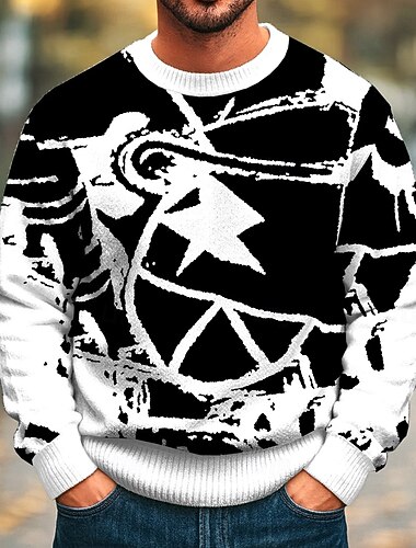  Herre Geometrisk Pullover genser Strikketøy Crewneck Fritid Feriereise Gate Daglig 3D-utskrift Strikking Hold Varm Langermet Vår Høst Vinter Sort A Svart b