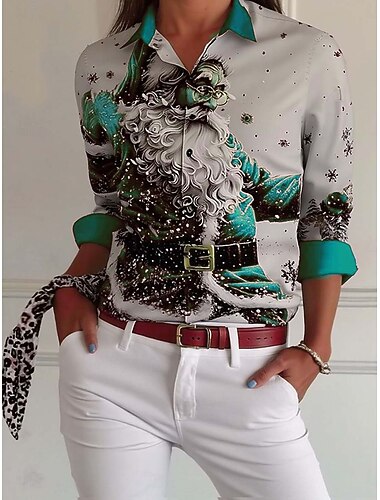  Jul Dame Skjorte Bluse Ruter Polkadotter julenissen Elegant Årgang Fest Langermet Skjortekrage Vanlige topper Arbeid Festkveldsklær Daglig Knapper Trykt mønster Rød Blå Lilla Grønn Vår Høst Vinter