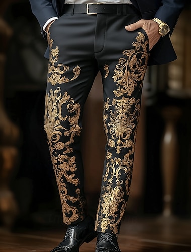  Homens Estampa floral Étnico Barroco Calças Social Calças de Terno Cintura Média Vintage retrô Ao ar livre Dia a Dia Casual Calças Slim Fit com Bolsos Primavera Outono Impressão 3D Preto 1 Preto