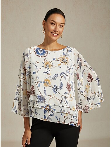  damblus blommigt tryck lager på lager klockärmar lös passform lager på lager lätt crepe-tyg semester casual daglig vår sommar höst