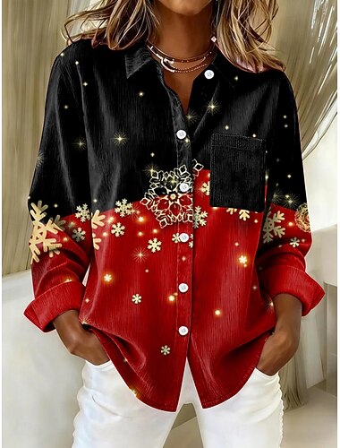 Natal Mulheres Camisa Social Floco de Neve Vintage à moda Casual Manga Longa Colarinho de Camisa Tops regulares Diário Patchwork Vermelho Azul Roxo Verde Outono Inverno