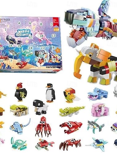  مكعبات بناء تقويم مجيء عيد الميلاد للأطفال هدية العد التنازلي لعيد الميلاد، مجموعة نماذج حيوانات 24 قطعة مع 12 حيوانًا لطيفًا و12 مخلوقًا بحريًا، مجموعة ألعاب مكعبات قابلة للتثبيت للأولاد والبنات،