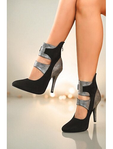  Zwarte en zilveren hoge hakken enkelband dansschoenen voor dames - suède en metallic stiletto pumps voor professionele ballroom &feestoptredens