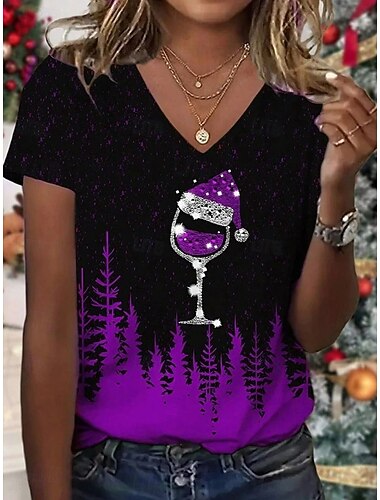  Jul Dame T skjorte Grafisk Vinglass Årgang Stilfull Klassisk Kortermet Crew-hals V-hals Vanlige topper Daglig Trykt mønster Blå Vin Lilla Grønn Høst Vinter