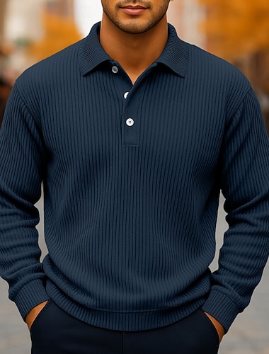  Homme Polo Chemise en velours côtelé Occasionnel Sports Revers manche longue Mode Basique Couleur Unie Texturé Boutons Automne Printemps & Automne Coupe régulière Bleu Bleu Foncé Gris Kaki Polo