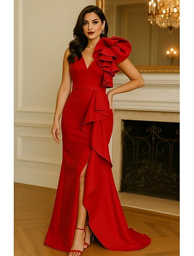 Вечернее платье красно-черного цвета с русалкой/трубой, элегантное, торжественное, свадебное, длиной до пола, с короткими рукавами, круглым вырезом, из эластичного крепа с оборками 2025   Вечернее платье красно-черного цвета с русалкой/трубой, элегантное, торжественное, свадебное, длиной до пола, с короткими рукавами, круглым вырезом, из эластичного крепа с оборками 2025