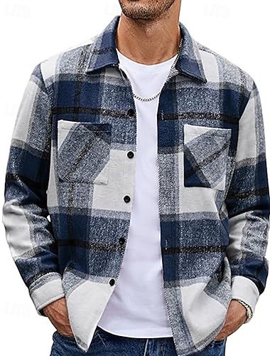 男性用 シャツ カジュアルシャツ フランネルシャツ ボタンアップシャツ ブラック ルビーレッド ブルー グリーン カーキ色 長袖 チェック ラペル バケーション 祝日 ポケット 衣類 ポリエステル ファッション カジュアル 快適   男性用 シャツ カジュアルシャツ フランネルシャツ ボタンアップシャツ ブラック ルビーレッド ブルー グリーン カーキ色 長袖 チェック ラペル バケーション 祝日 ポケット 衣類 ポリエステル ファッション カジュアル 快適