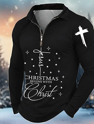  عيد الميلاد المجيد رجالي الرسم نص بولو ستايل كم طويل طوي الحديث وقت الفراغ الرياضة & في الخارج كاجوال / يومي مهرجان سحاب طباعة ثلاثية الأبعاد الربيع الخريف الشتاء أسود أحمر أخضر