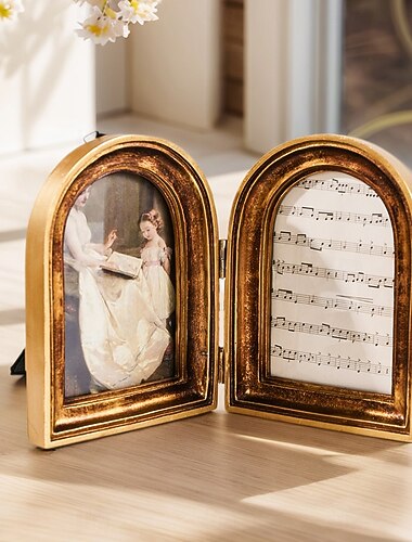  1 szt. retro podwójnie łukowa dekoracyjna ramka na zdjęcia na biurko, ciepła, domowa dekoracyjna ramka na zdjęcia na biurko, idealna do ekspozycji zdjęć i jako rekwizyt do dekoracji fotograficznych