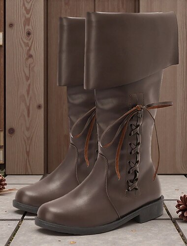  Botas masculinas de couro sintético marrom estilo revival medieval – design estiloso com cadarço e dobra, ideal para cosplay, reconstituições históricas e eventos temáticos