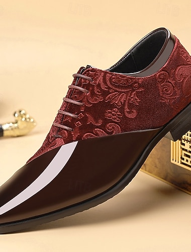 Sapatos oxford masculinos com relevo bordô, contraste de couro sintético liso e salto baixo, sapatos sociais elegantes para negócios, casamentos e eventos   Sapatos oxford masculinos com relevo bordô, contraste de couro sintético liso e salto baixo, sapatos sociais elegantes para negócios, casamentos e eventos