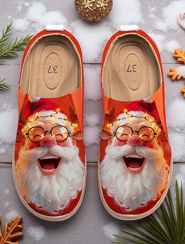  Damesko i kanvas med bred tå og julemandsdesign – komfortable, afslappede julesko til både ferieture og hverdagsbrug