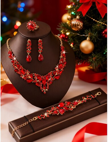  Damesmykkesett med grønne krystaller, 4 deler, elegant halskjede, øredobber og armbånd &ring til julebord, julegaver &formelle arrangementer