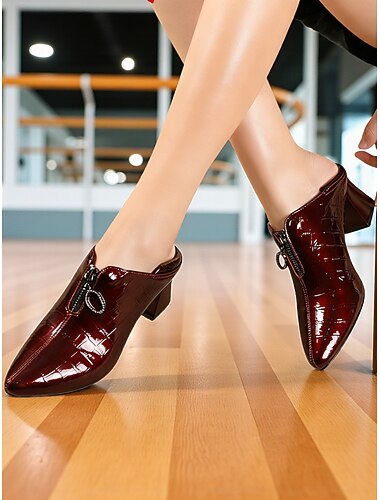  Echte leren latin dansschoenen voor dames, bordeauxrode blokhak met krokodillenreliëf voor professionele salsa &feestoptredens