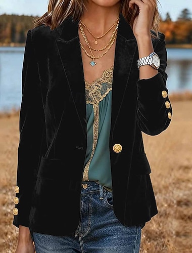  Naisten Bleiseri Velvet Blazerit Pidä lämpimänä Mukava Napit Vapaa-aika Yhtenäinen väri Loma Katu Kausaliteetti Arki-asut Normaali Lovikäänne Normaali Pitkähihainen Päällysvaatteet Sininen Musta Viini