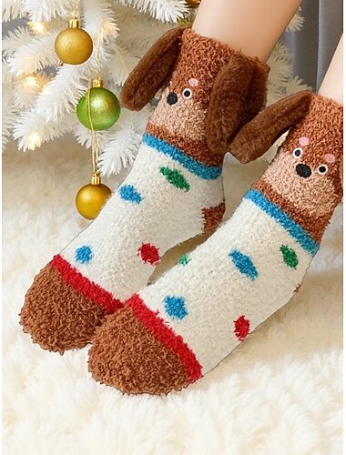  Gezellige, zachte kerstsokken voor dames, schattig hondenmotief, warme winterpantoffels voor tijdens de feestdagen &geschenken