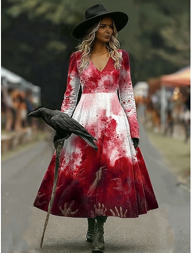 Frauen Hexe Druck Midi Kleid A-Linien Kleid Urlaub Lässig Alltag Reguläre Passform Floral Grafik Hocus Pocus Lange Ärmel V-Ausschnitt Schwarz Rot Braun Frühling Herbst   Frauen Hexe Druck Midi Kleid A-Linien Kleid Urlaub Lässig Alltag Reguläre Passform Floral Grafik Hocus Pocus Lange Ärmel V-Ausschnitt Schwarz Rot Braun Frühling Herbst