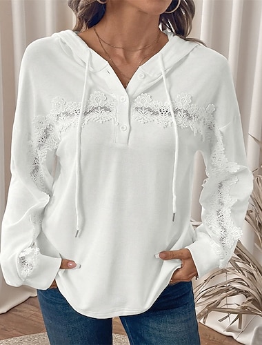 Dame Pullover hettegenser-genser Hettegensere عادي Varm Mote Gatemote Langermet Med hette Vanlige topper Arbeid Gate Hverdag Snorer Knapper Hvit Høst Vinter   Dame Pullover hettegenser-genser Hettegensere عادي Varm Mote Gatemote Langermet Med hette Vanlige topper Arbeid Gate Hverdag Snorer Knapper Hvit Høst Vinter