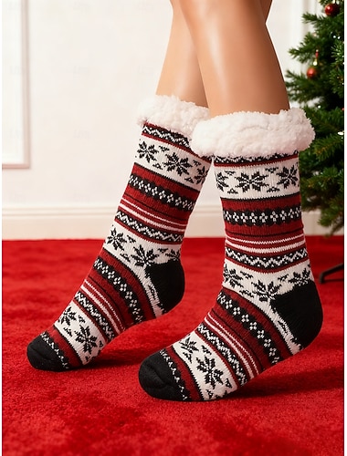  Meias masculinas de malha felpuda para o Natal, meias quentes com padrão de floco de neve vermelho e preto, forro macio de pelúcia para festas de fim de ano &roupas de inverno para ambientes internos