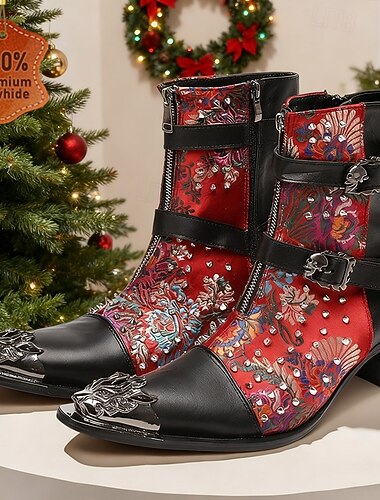  stivali gotici da uomo in vera pelle rossa ricamati con cinturini a doppia fibbia e puntale in metallo, stivaletti western in pelle bovina al 100% per palcoscenici, feste e sfilate di moda