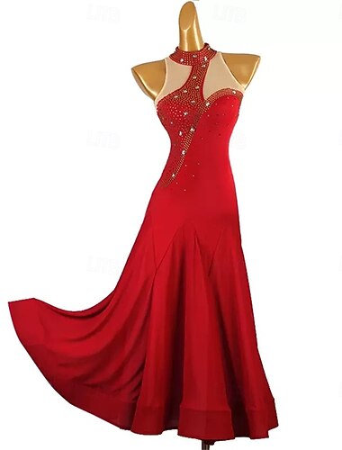  Elegantní dámské šaty na latinskoamerické tance s ramínky a síťovaným vzorem, výstřihem do V, tango, valčíkem a soutěžním vystoupením – červené