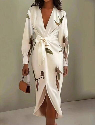  Damen Midikleid Wickelkleid A Linie Kleid Sommerkleid Elegant Urlaub Lässig Normale Passform Blumen Kurzarm V Ausschnitt Blau Beige Frühling Herbst