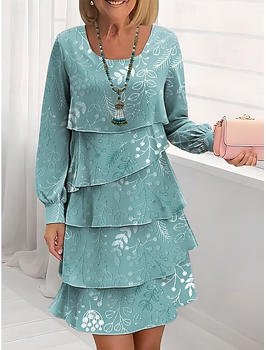  Női Mini ruha A vonalú ruha Rétegelt ruha Stílusos Alkalmi Előírásos Normál Grafika Falevél Hosszú ujj Terített nyak Kanálnyak Világoszöld Arcpír rózsaszín Bíbor Nyár Tavasz Ősz Tél