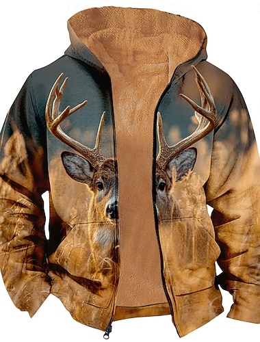  Miesten Hirvet Fleece Huppari Takki College Klassinen Metsästys Pitkähihainen Tiukka pyöreä kaula-aukko ulko- Retkeily Ruskea Sulkea jnk vetoketju Syksy Talvi Suunnittelija S M L XL 2XL 3XL