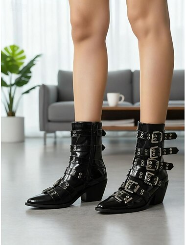  Γυναικεία μαύρα γοτθικά μποτάκια με αγκράφα – μυτερά δερμάτινα μποτάκια combat με χοντρά τακούνια για πάρτι Halloween, streetwear και βραδινή έξοδο