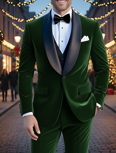  メンズ クリスマス カジュアル パーティー ベルベット スーツ ショールラペル レッド グリーン クリスマス パーティー 無地 テーラードフィット 2ピース シングルブレスト ワンボタン