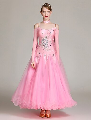  Vestido de baile de salón para mujer, con pedrería, hombros descubiertos, capas de tul, elegante vestido para vals, tango, foxtrot, competición, actuación, rosa claro