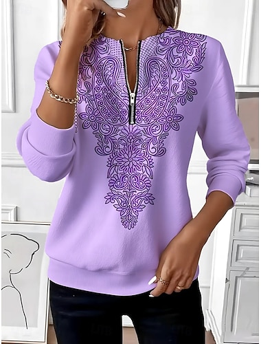  Damen Pullover Sweatshirt Sweatshirts mit Reißverschluss Reißverschluss Druck Blumen Grafik Stammes Mode Lässig Langarm Rundhalsausschnitt Normale Oberteile Straße Alltagskleidung Schwarz Purpur Grün