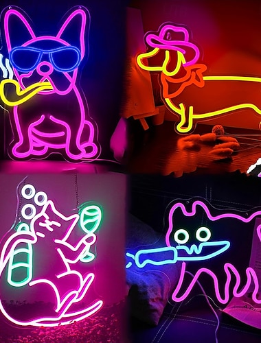  LED-Leucht-Neon-Dekorationswandleuchten, Dackel, Stierkämpfer, Katzen, süße und farbenfrohe Ornamente in Tierform, Leuchtschilder, USB-Stromversorgung