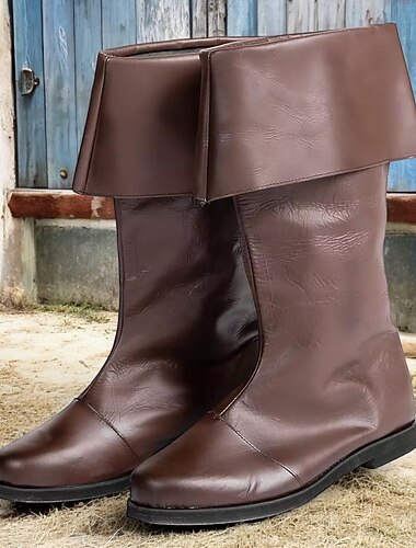  Botas masculinas de couro sintético marrom estilo revival medieval – design clássico dobrável, ideal para encenações históricas, cosplay e eventos temáticos