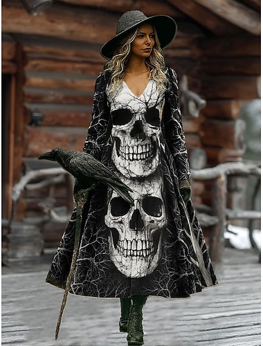 Damen Maxi Kleid A-Linie Kleid Urlaub Leger Boho Strand Regulär Fit Grafisch Totenkopf Stier Langarm V-Ausschnitt Schwarz Wein Dunkelgrau Frühling Herbst   Damen Maxi Kleid A-Linie Kleid Urlaub Leger Boho Strand Regulär Fit Grafisch Totenkopf Stier Langarm V-Ausschnitt Schwarz Wein Dunkelgrau Frühling Herbst
