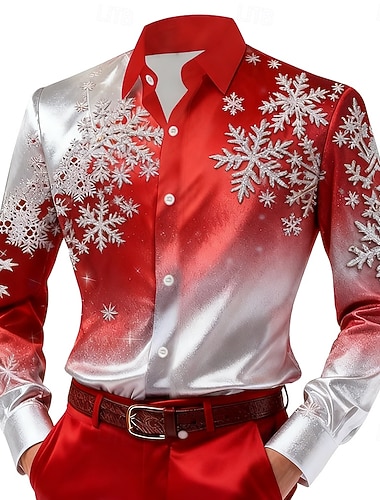  Natale Per uomo Fiocco di neve Colore sfumato Camicia Camicia in raso Camicia elegante Manica Lunga Moda Casual All'aperto Ferie Primavera Autunno Collo ripiegato Stampa 3D Camicie con bottoni Giallo