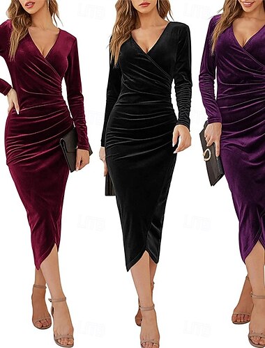  זו שמלת נשים קטיפתית בגזרת שיפט שמלת עטיפה שמלת בגזרת A מסיבת קוקטייל מסיבת חתונה אורח בגזרה רגילה צבע אחיד עם שרוולים ארוכים צווארון V שחור סגול ירוק סתיו חורף