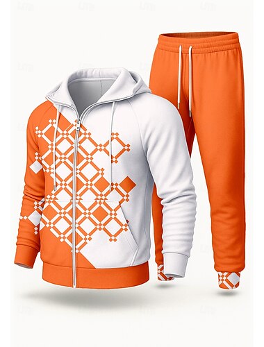  Hombre Sudadera Tracksuit Chándal de 2 piezas Correa Cerrar Geométrico Trajes de Yoga Otoño Invierno Azul Naranja Vocación Al Aire Libre Viaje Ligero Moda Manga Larga Deporte Ropa de Deporte Elástico