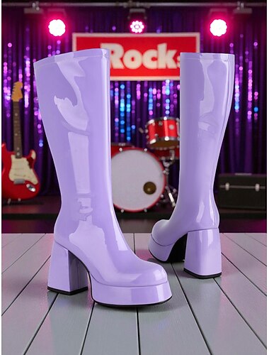  Vita damstövlar i glansigt lack i konstläder med grova blockklackar, disco-mod-stil från 1980-talet, perfekta för retrofester, kostymevenemang och utekvällar
