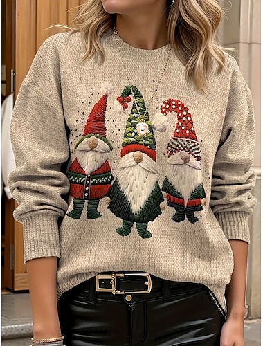  Dames Trui Stoppen Dagelijks Casual Grafisch Kerstman Sneeuwvlokken Geribd Strakke ronde hals Gebreid Afdrukken Lange mouw Normale tops breien Kerstmis Buiten Weekend Khaki Herfst Winter