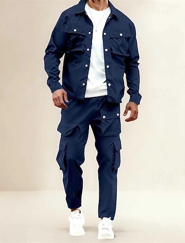  Herren Leichte Jacke Cargo-Jacke Freizeitjacke Set Urlaub Täglich Atmungsaktiv Tasche 2 teilig Frühling Herbst Einfach Mode Klassisch Revers Regulär Schwarz Marineblau Khaki Jacken